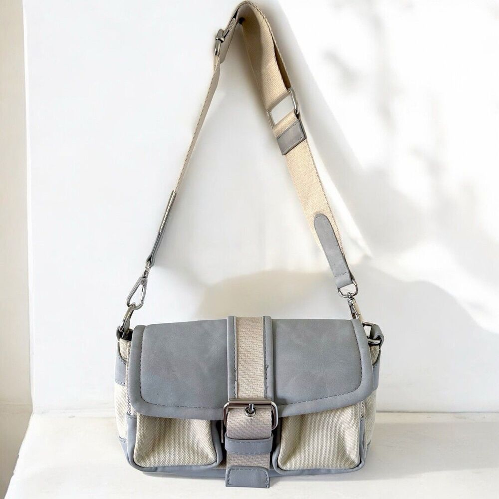 Darker Wavs Double Pocket Buckle Bag Purse Tan Gray Cyber Goth Techno